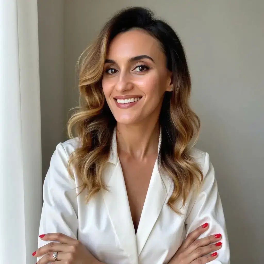 Smiling ANNAZUR founder Ruzanna with wavy hair wearing white blazer in professional portrait pose