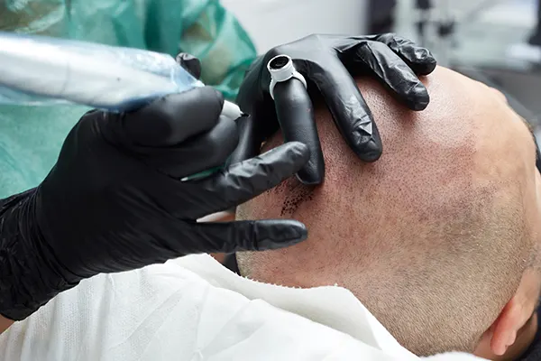 Man receiving scalp micropigmentation for baldness