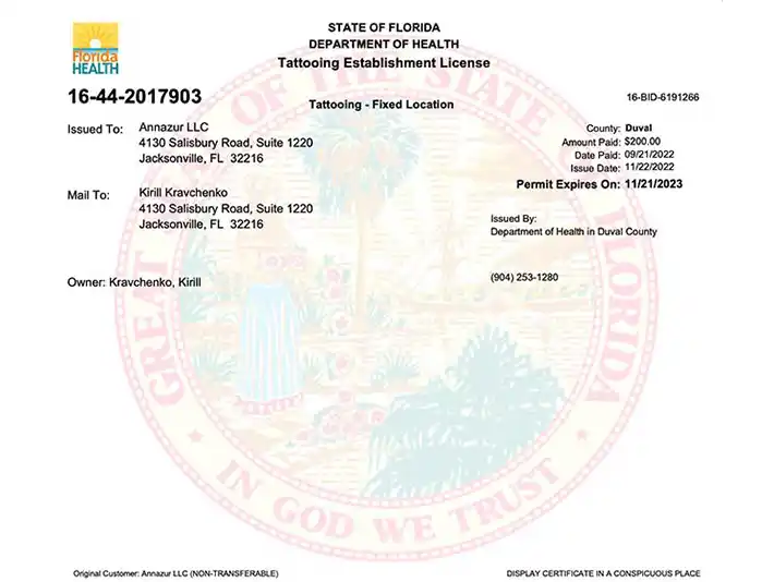 State of Florida Department of Health tattooing establishment license for ANNAZUR LLC showing current business authorization